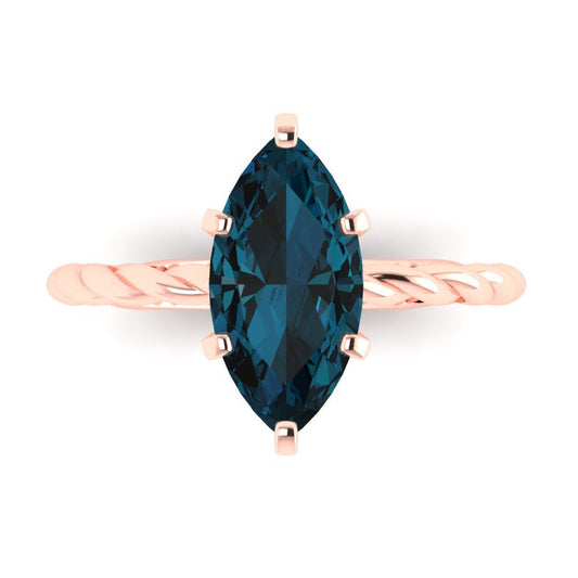 2 cttw Natural London Blue Topaz Solitaire  Engagement Ring - Solid Rose Gold (VVS1, Marquise Cut,12x6mm )