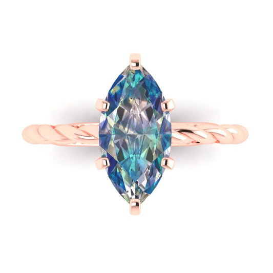 2 cttw Blue Moissanite Solitaire  Engagement Ring - Solid Rose Gold (VVS1, Marquise Cut,12x6mm )
