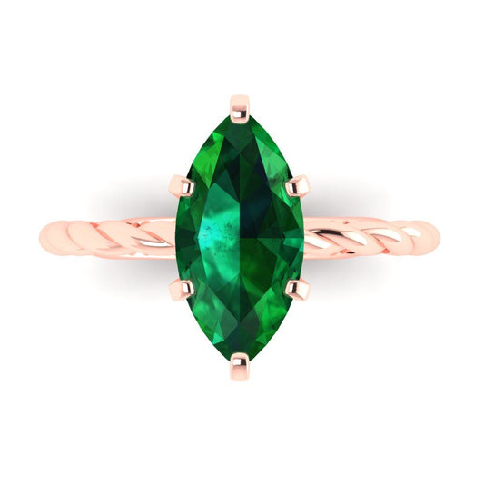 2 cttw Simulated Emerald Solitaire  Engagement Ring - Solid Rose Gold (VVS1, Marquise Cut,12x6mm )