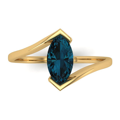 2 cttw Natural London Blue Topaz Solitaire  Engagement Ring - Solid Yellow Gold (VVS1, Marquise Cut,12x6mm )