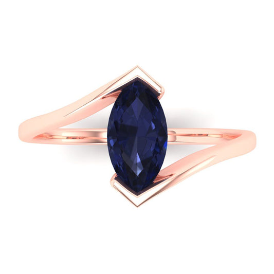 2 cttw Simulated Blue Sapphire Solitaire  Engagement Ring - Solid Rose Gold (VVS1, Marquise Cut,12x6mm )