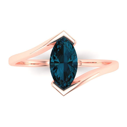 2 cttw Natural London Blue Topaz Solitaire  Engagement Ring - Solid Gold (Marquise Cut,12x6mm )