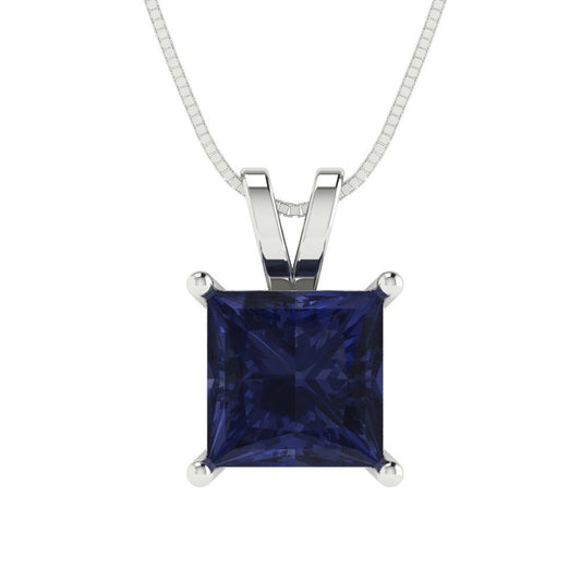 2cttw Princess Cut Blue Sapphire Gold-Plated 925 Silver Pendant and 18" Box-Chain Necklace