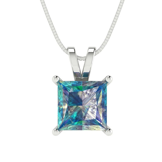 2cttw Princess Cut Blue Moissanite Gold-Plated 925 Silver Pendant and 18" Box-Chain Necklace
