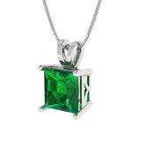 2.0 ct Brilliant Princess Cut Solitaire Simulated Emerald Stone White Gold Pendant with 18" Chain