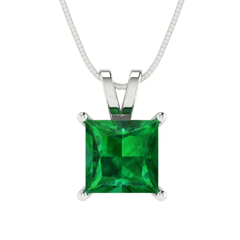 2.0 ct Brilliant Princess Cut Solitaire Simulated Emerald Stone White Gold Pendant with 18" Chain