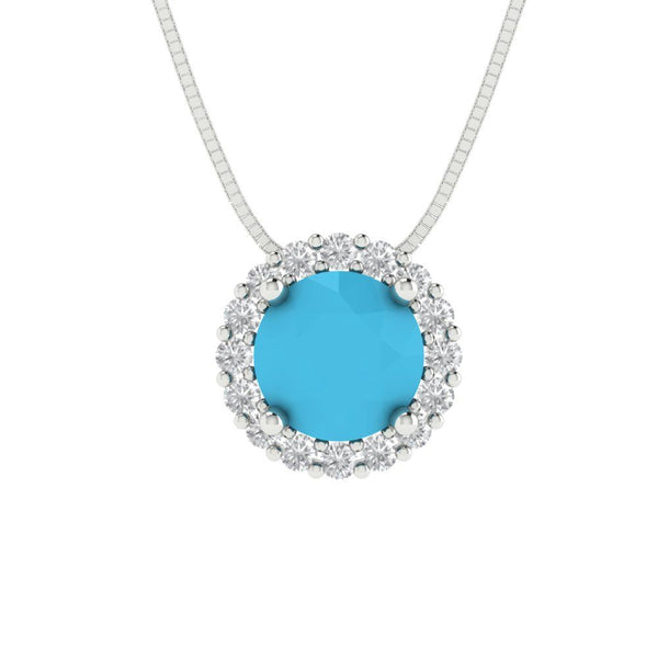 1.24 ct Brilliant Round Cut Halo Simulated Turquoise Stone White Gold Pendant with 18" Chain