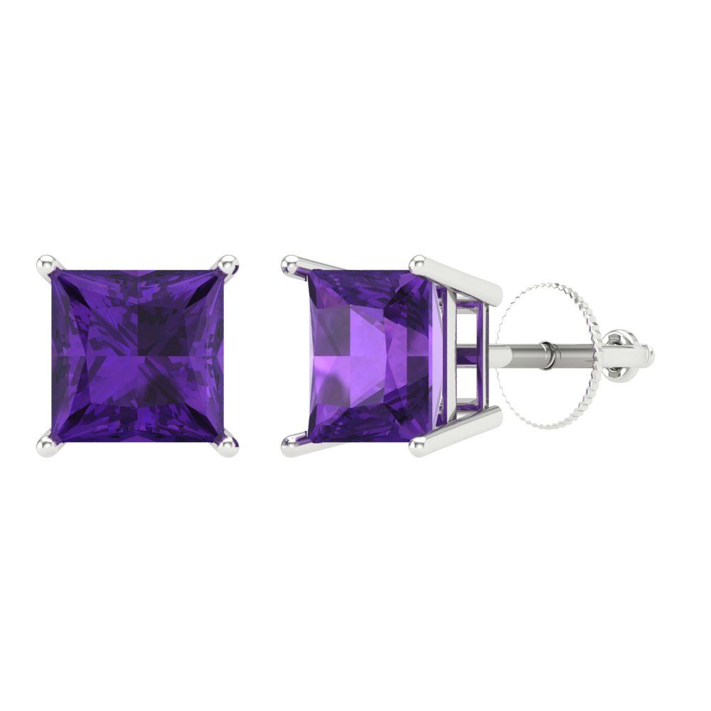 4 ctw Amethyst Studs Earrings | 7.0mm Princess Cut White Gold Screw back | February Birthstone