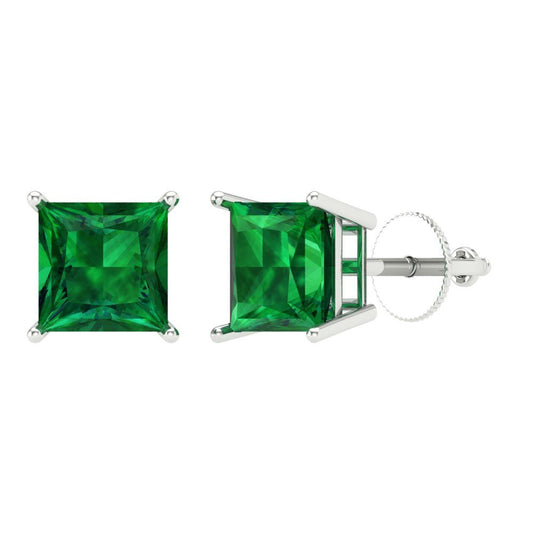 4 ctw Emerald Studs Earrings | 7.0mm Princess Cut White Gold Screw back | May Birthstone