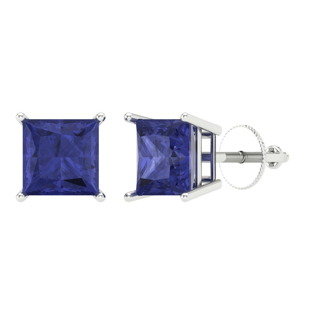 4 ctw Tanzanite Studs Earrings | 7.0mm Princess Cut White Gold Screw back | December Birthstone