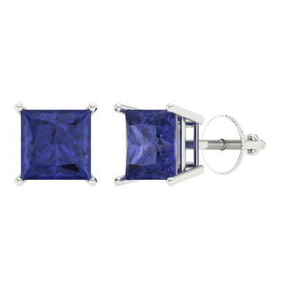 4 ctw Tanzanite Studs Earrings | 7.0mm Princess Cut White Gold Screw back | December Birthstone