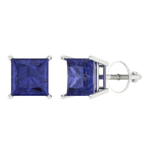 4 ctw Tanzanite Studs Earrings | 7.0mm Princess Cut White Gold Screw back | December Birthstone