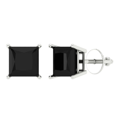 4 ctw Onyx Studs Earrings | 7.0mm Princess Cut White Gold Screw back | July Birthstone