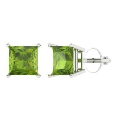 4 ctw Peridot Studs Earrings | 7.0mm Princess Cut White Gold Screw back | August Birthstone
