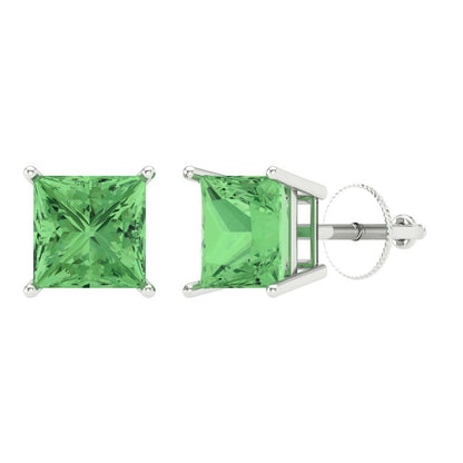 4 ctw Green Zirconia Studs Earrings | 7.0mm Princess Cut White Gold Screw back | April Birthstone