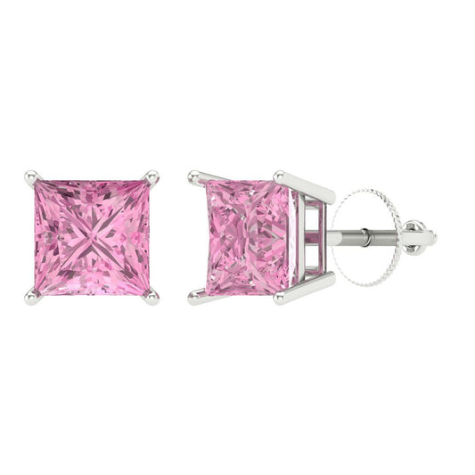 4 ctw Pink Zirconia Studs Earrings | 7.0mm Princess Cut White Gold Screw back | April Birthstone