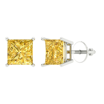 4 ctw Citrine Studs Earrings | 7.0mm Princess Cut White Gold Screw back | November Birthstone