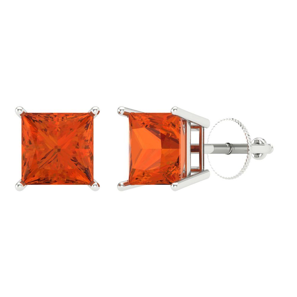 4 ctw Red Zirconia Studs Earrings | 7.0mm Princess Cut White Gold Screw back | April Birthstone
