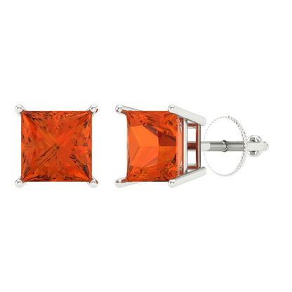 4 ctw Red Zirconia Studs Earrings | 7.0mm Princess Cut White Gold Screw back | April Birthstone