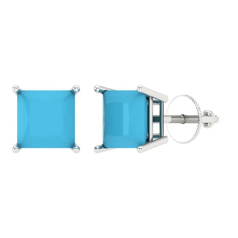 4 ctw Turquoise Studs Earrings | 7.0mm Princess Cut White Gold Screw back | December Birthstone