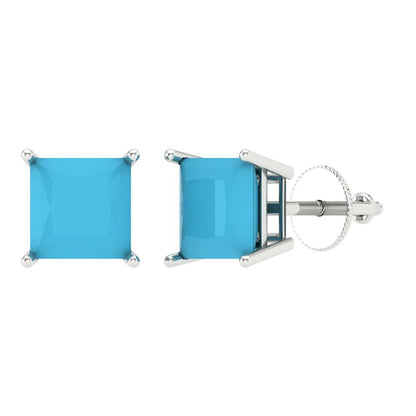4 ctw Turquoise Studs Earrings | 7.0mm Princess Cut White Gold Screw back | December Birthstone