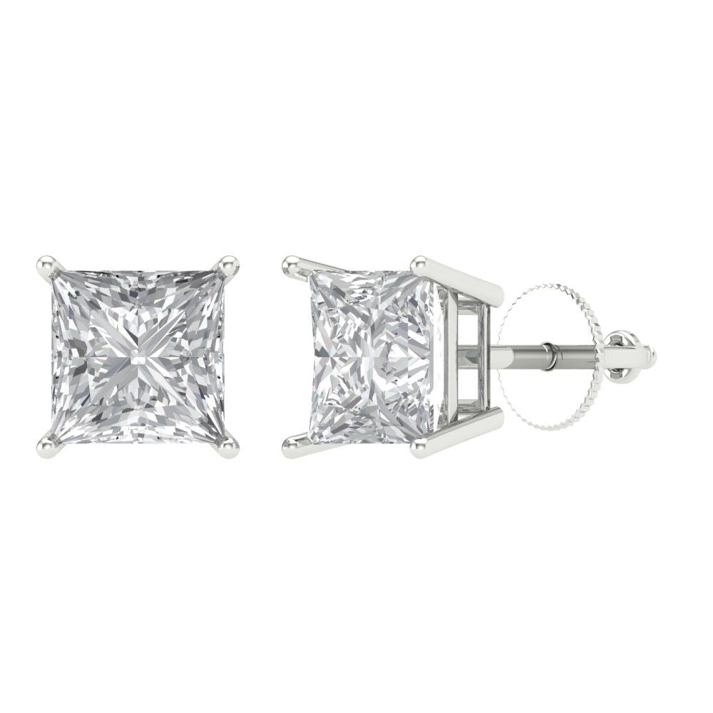 4 ctw Moissanite Studs Earrings | 7.0mm Princess Cut White Gold Screw back | April Birthstone