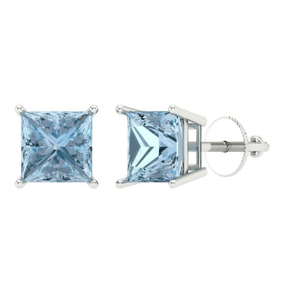 4 ctw Aquamarine Studs Earrings | 7.0mm Princess Cut White Gold Screw back | March Birthstone