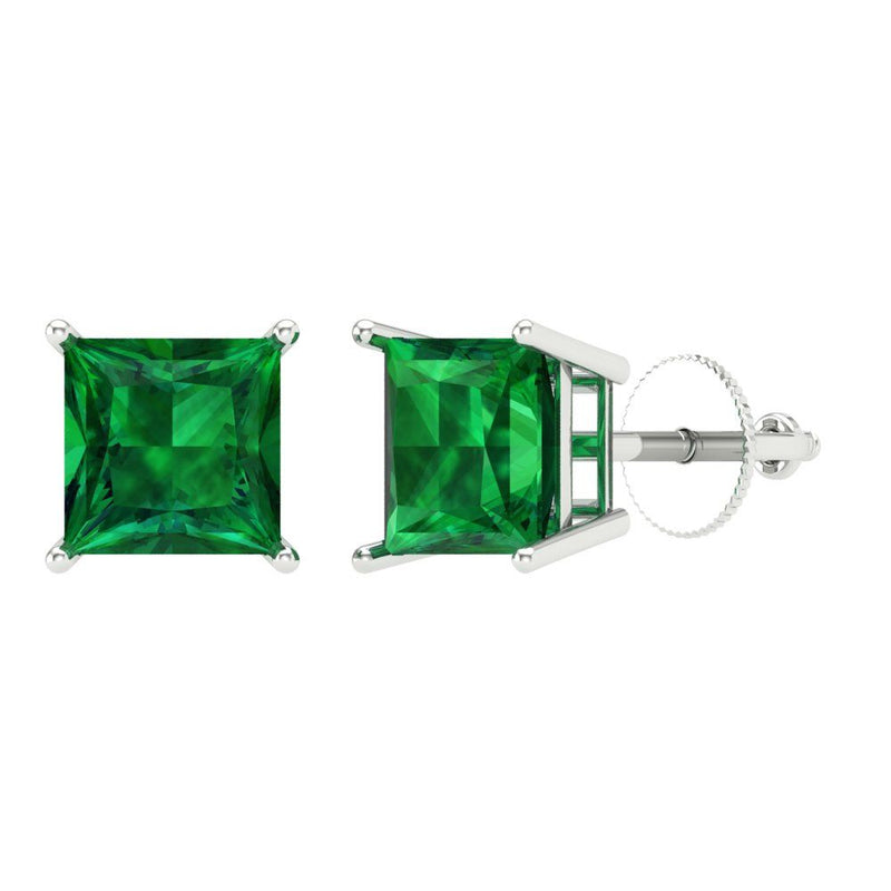 4 ct Brilliant Princess Cut Solitaire Studs Simulated Emerald Stone White Gold Earrings Screw back