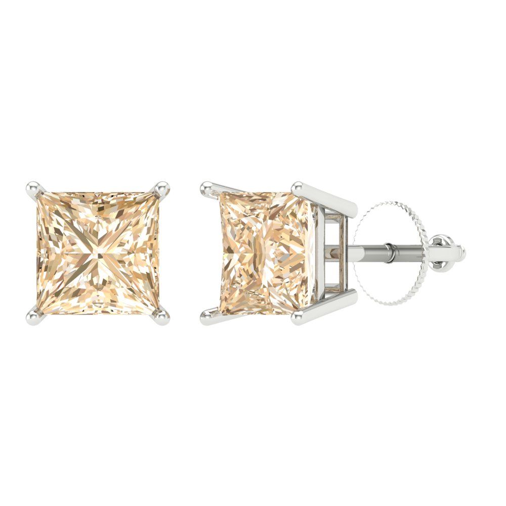 4 ctw Morganite Studs Earrings | 7.0mm Princess Cut White Gold Screw back | February Birthstone