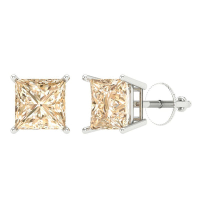 4 ctw Morganite Studs Earrings | 7.0mm Princess Cut White Gold Screw back | February Birthstone