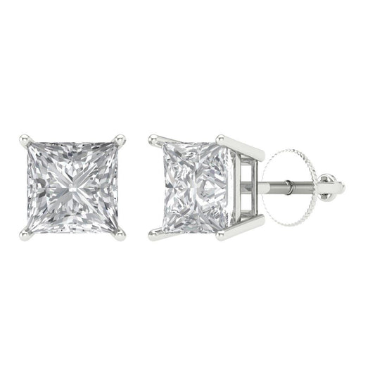 4 ctw Zirconia Diamond Studs Earrings | 7.0mm Princess Cut White Gold Screw back | April Birthstone
