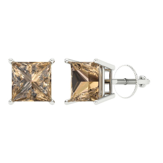 4 ctw Champagne Studs Earrings | 7.0mm Princess Cut White Gold Screw back | April Birthstone