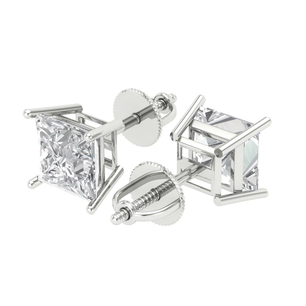 4 ctw Moissanite Studs Earrings | 7.0mm Princess Cut White Gold Screw back | April Birthstone