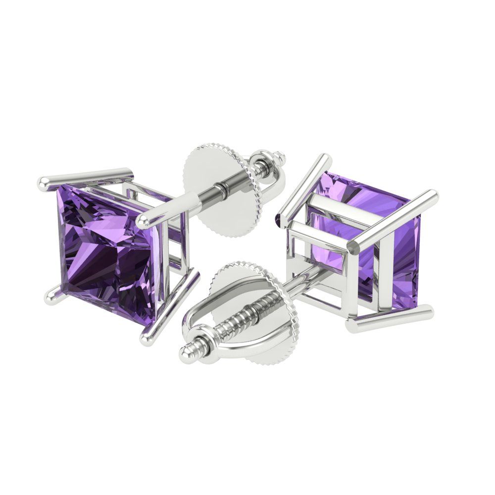4 ctw Alexandrite Studs Earrings | 7.0mm Princess Cut White Gold Screw back | June Birthstone