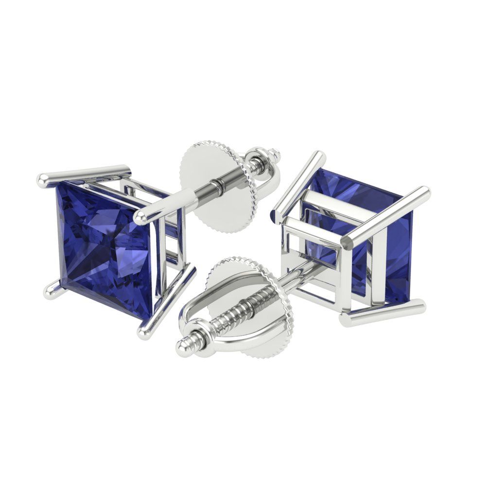 4 ctw Tanzanite Studs Earrings | 7.0mm Princess Cut White Gold Screw back | December Birthstone