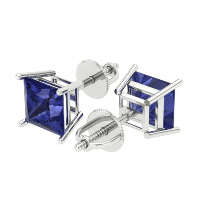 4 ctw Tanzanite Studs Earrings | 7.0mm Princess Cut White Gold Screw back | December Birthstone