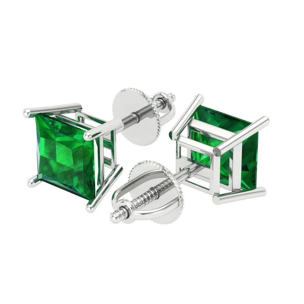 4 ctw Emerald Studs Earrings | 7.0mm Princess Cut White Gold Screw back | May Birthstone