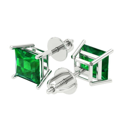 4 ctw Emerald Studs Earrings | 7.0mm Princess Cut White Gold Screw back | May Birthstone