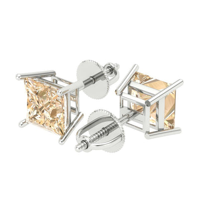 4 ctw Morganite Studs Earrings | 7.0mm Princess Cut White Gold Screw back | February Birthstone