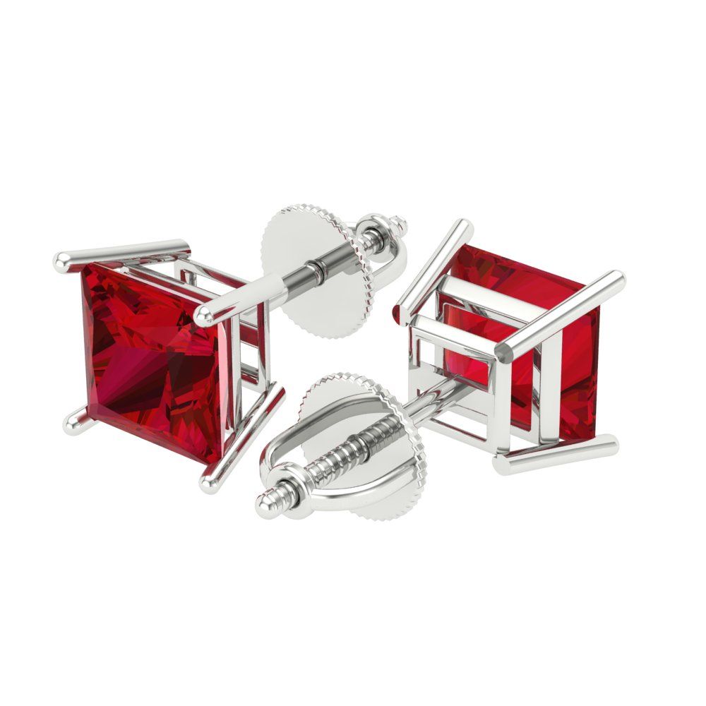 4 ctw Pink Tourmaline Studs Earrings | 7.0mm Princess Cut White Gold Screw back | April Birthstone