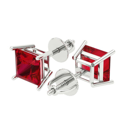 4 ctw Ruby Studs Earrings | 7.0mm Princess Cut White Gold Screw back | July Birthstone