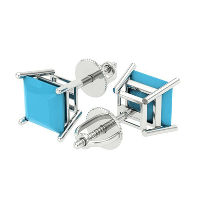 4 ctw Turquoise Studs Earrings | 7.0mm Princess Cut White Gold Screw back | December Birthstone