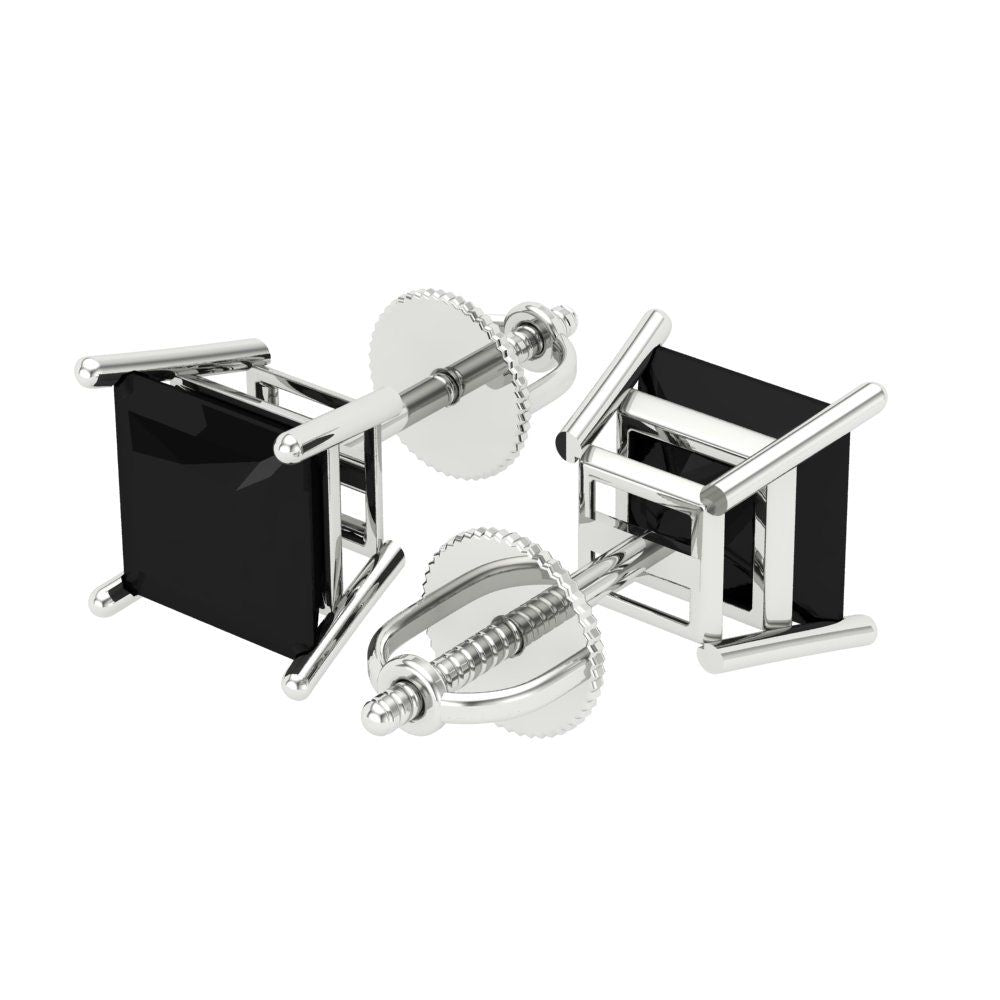 4 ctw Onyx Studs Earrings | 7.0mm Princess Cut White Gold Screw back | July Birthstone