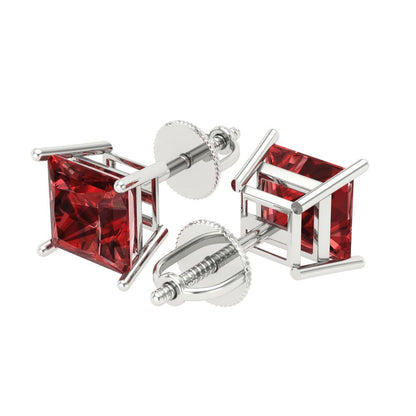 4 ctw Garnet Studs Earrings | 7.0mm Princess Cut White Gold Screw back | January Birthstone