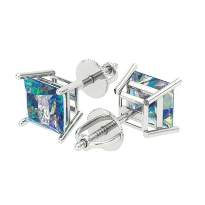 4 ctw Blue Moissanite Studs Earrings | 7.0mm Princess Cut White Gold Screw back | April Birthstone
