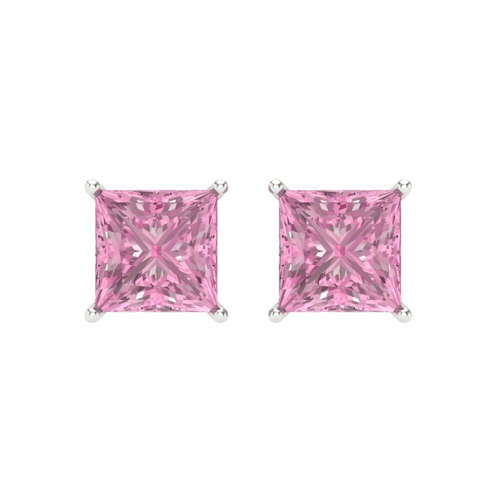 4 ctw Pink Zirconia Studs Earrings | 7.0mm Princess Cut White Gold Screw back | April Birthstone