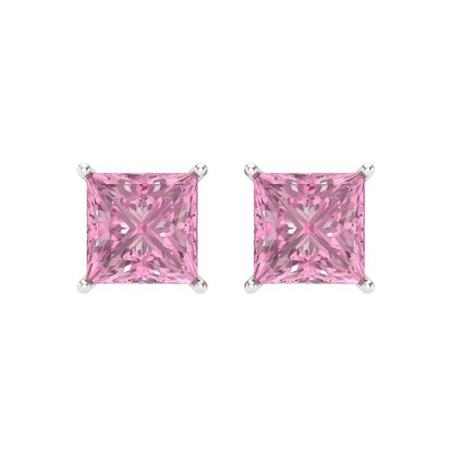 4 ctw Pink Zirconia Studs Earrings | 7.0mm Princess Cut White Gold Screw back | April Birthstone