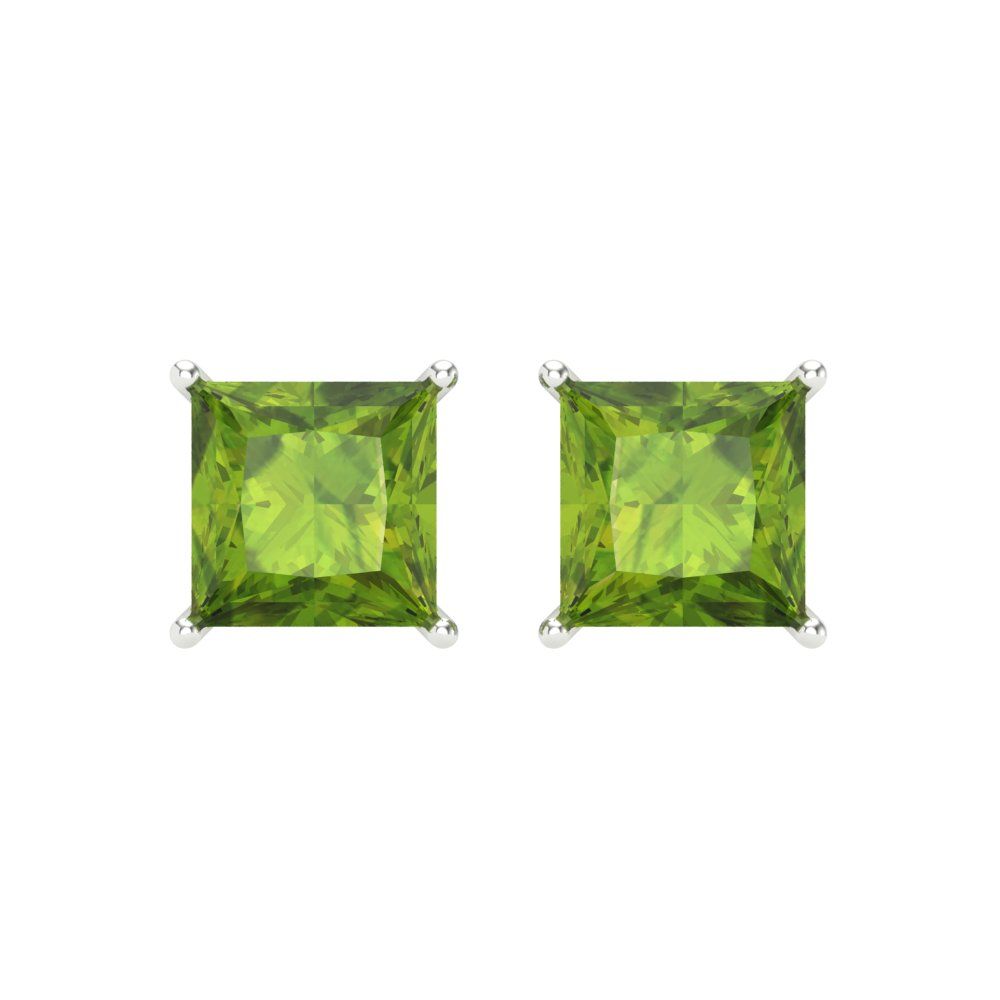 4 ctw Peridot Studs Earrings | 7.0mm Princess Cut White Gold Screw back | August Birthstone