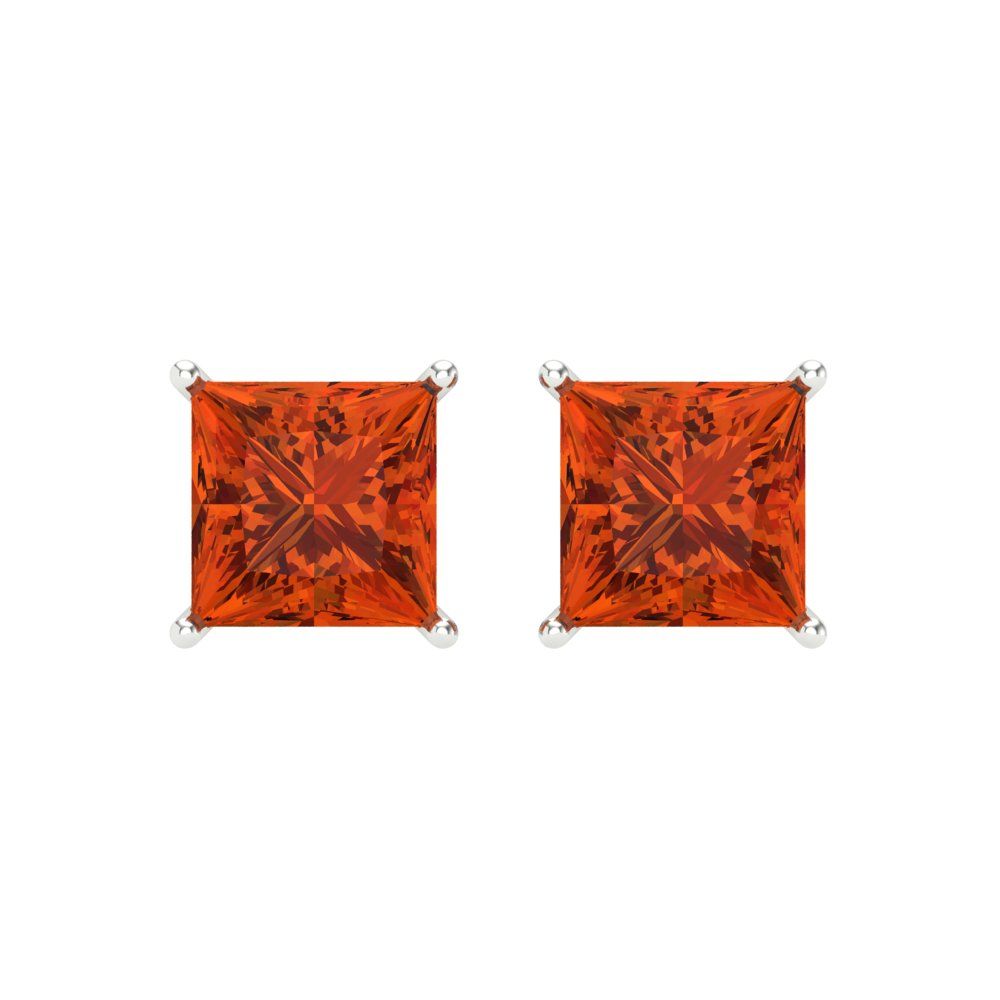 4 ctw Red Zirconia Studs Earrings | 7.0mm Princess Cut White Gold Screw back | April Birthstone