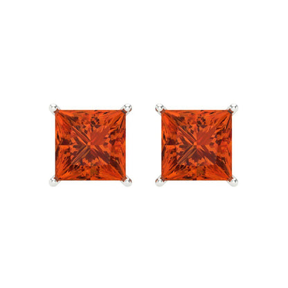 4 ctw Red Zirconia Studs Earrings | 7.0mm Princess Cut White Gold Screw back | April Birthstone